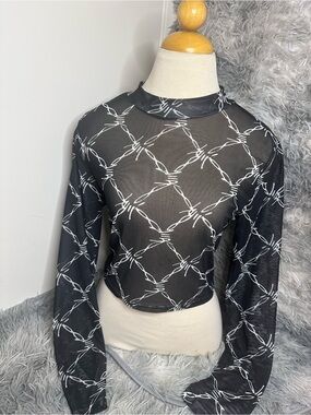 ROMWE Black Sheer Mesh Crop Top with White Barbed Wire Print